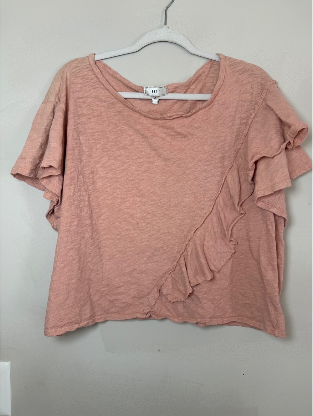 NYTT Women's Medium Pink Ruffle Sleeve V-Neck crop Top